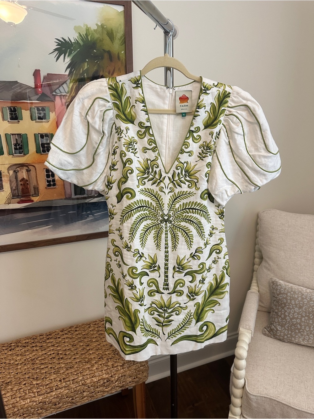 FARM Rio Floral Trim Dress - White with Green